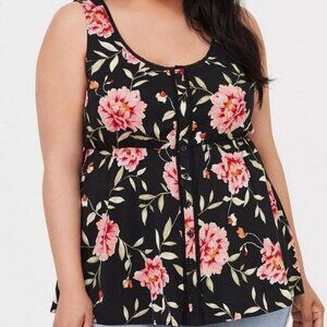 Torrid Tank Top Womens 2 2X 18-20 Black Floral Babydoll Stretch Challis Crochet